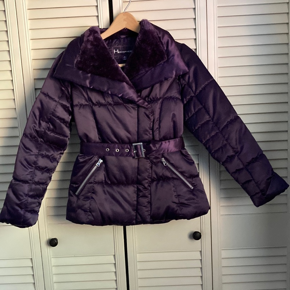 Hemisphere Kids Purple Puffer Coat Like New Size 14 Belted ,Zipper Pockets